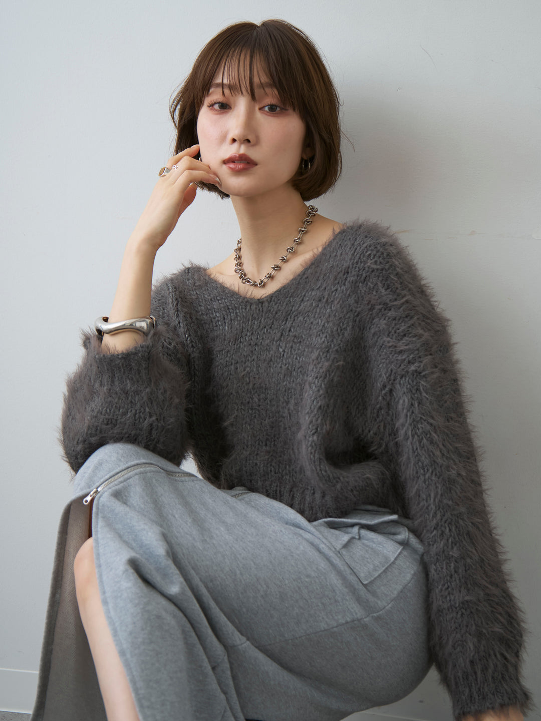 [SET]Vネックシャギークロップニットトップス+Vネックシャギークロップニットトップス(2set)