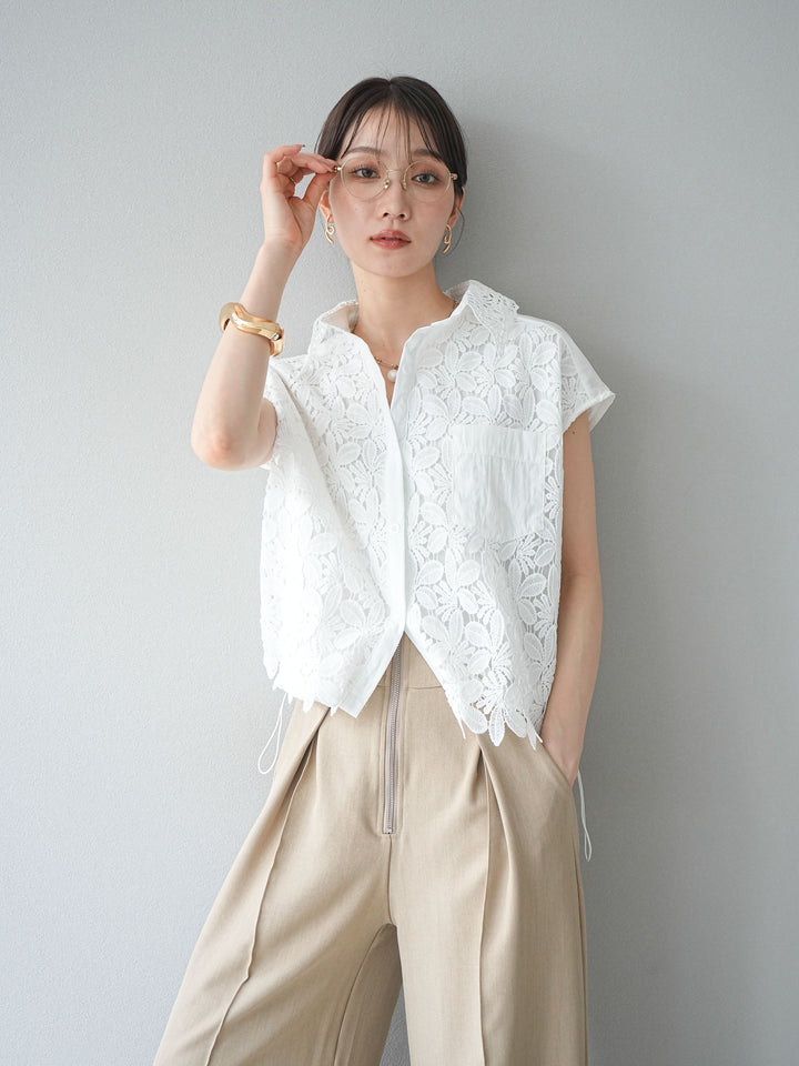 【預購】蕾絲分層抽繩襯衫/白色