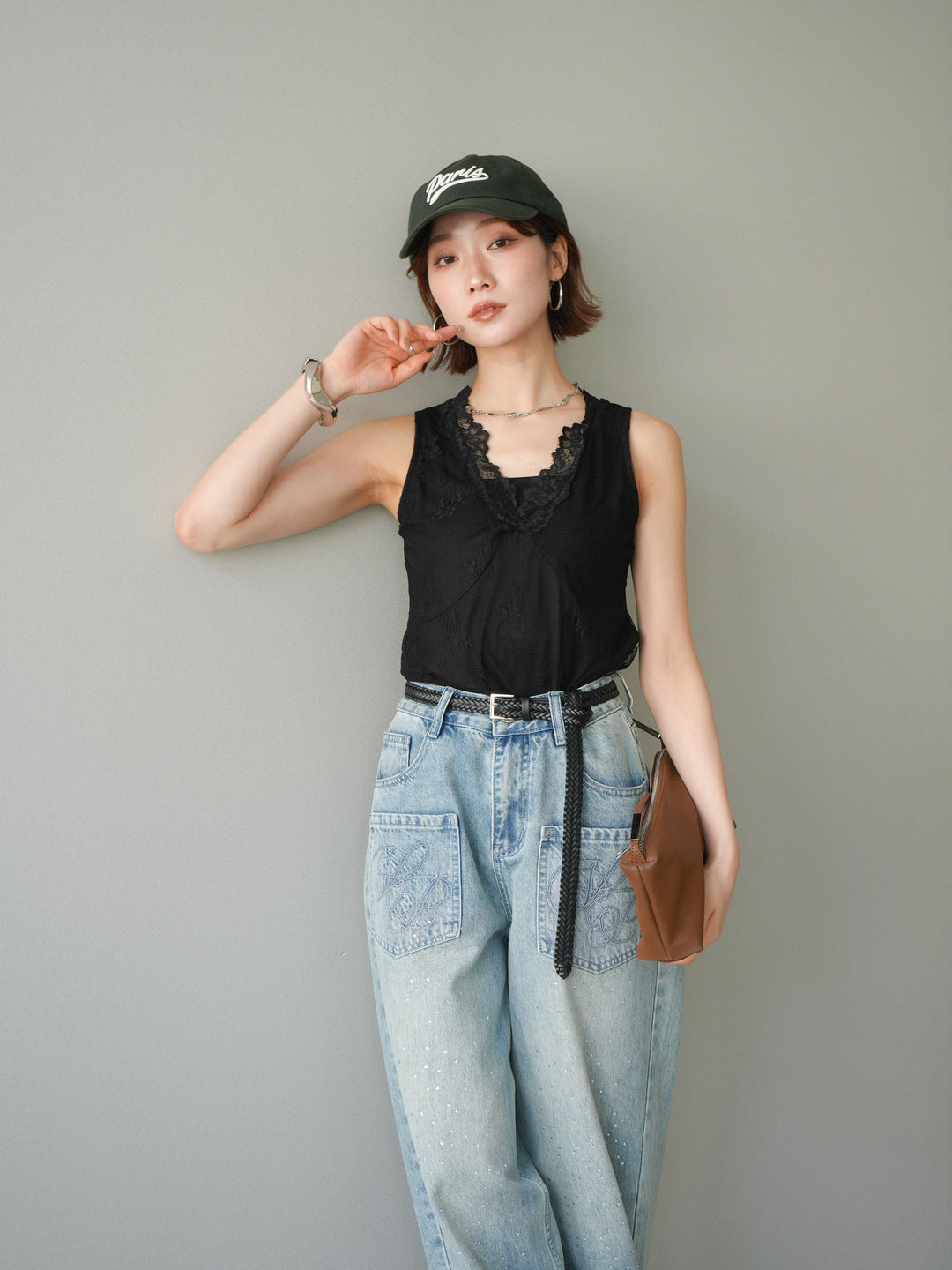 [予約]シアーストレッチレースノースリーブトップス/black