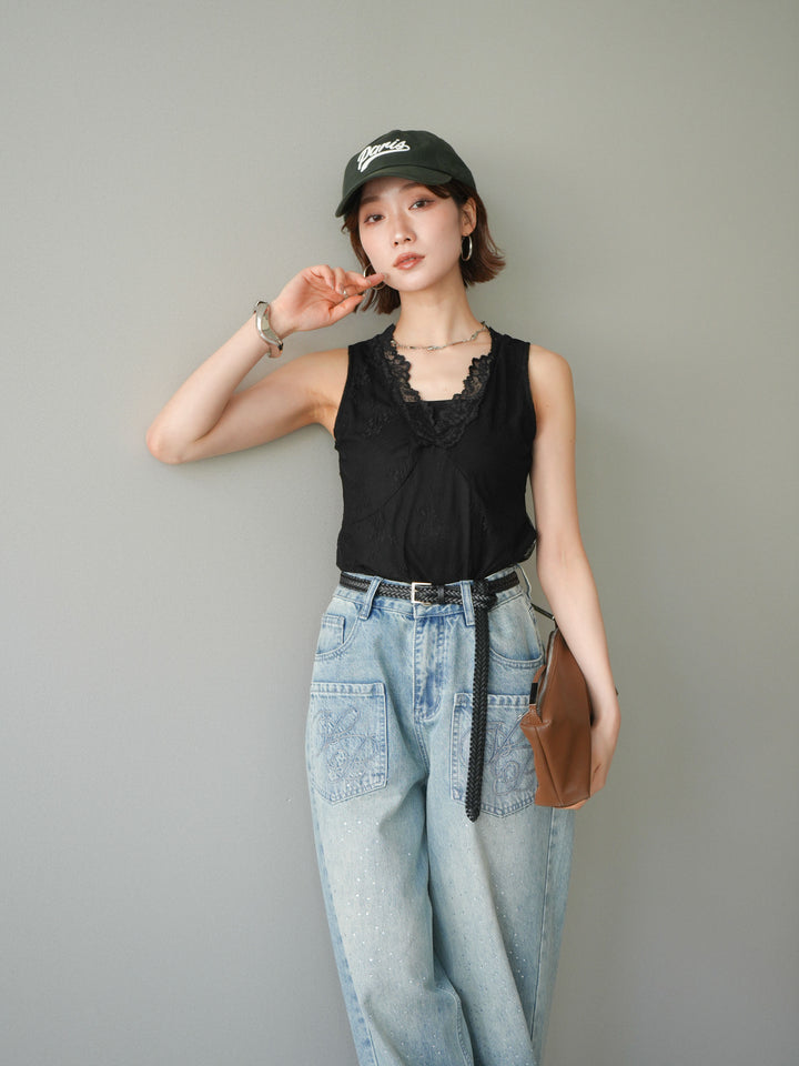 [予約]シアーストレッチレースノースリーブトップス/black