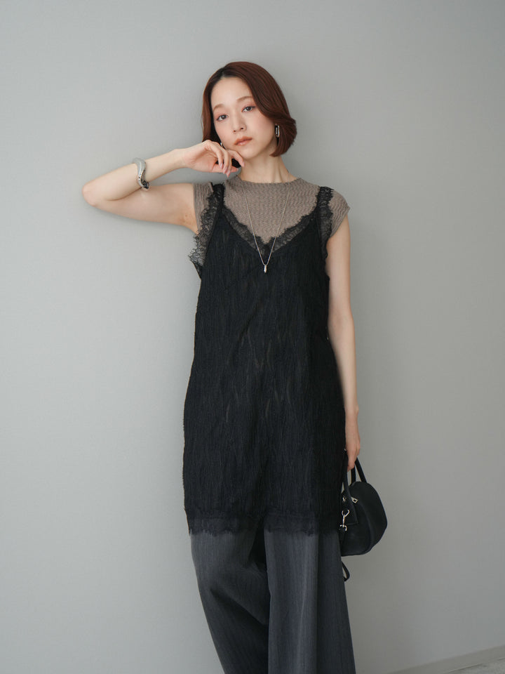[予約]レース切替ジャガードニットロングキャミソール/black