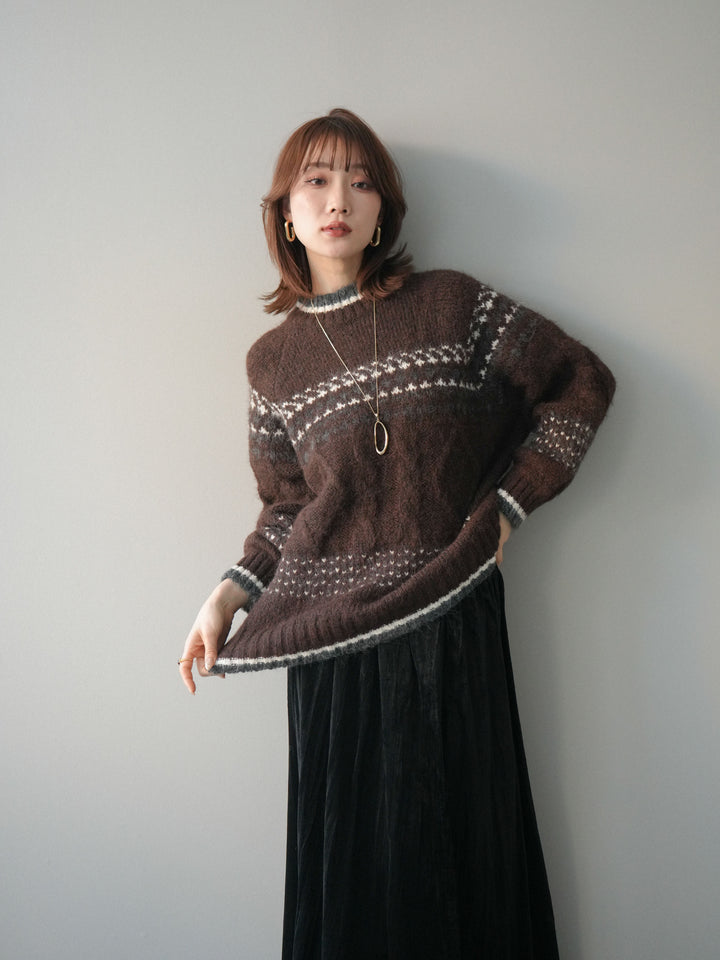 [予約]裾配色ノルディック柄ニットプルオーバー/brown