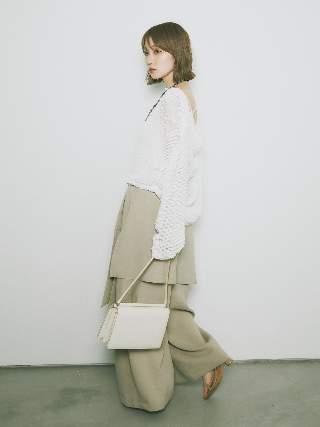 [SET] 後背垂墜網眼套頭衫+亞麻觸感裹身寬褲（2件套）