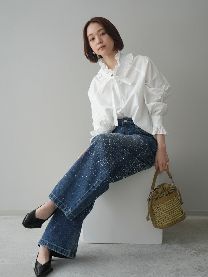 [予約]フリルネックギャザーブラウス/white