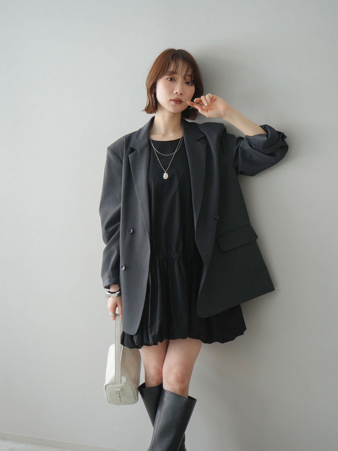 [SET]ノースリバルーンミニワンピース+ダブルブレストオーバージャケット(2set)