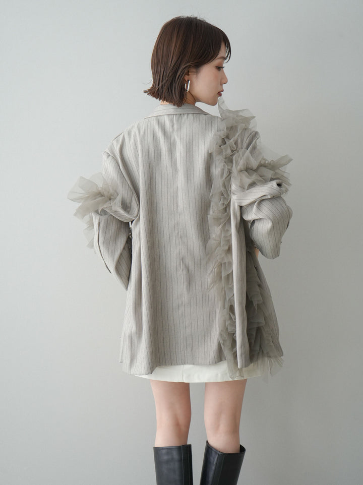 [予約]アシンメトリーチュールストライプジャケット/greige