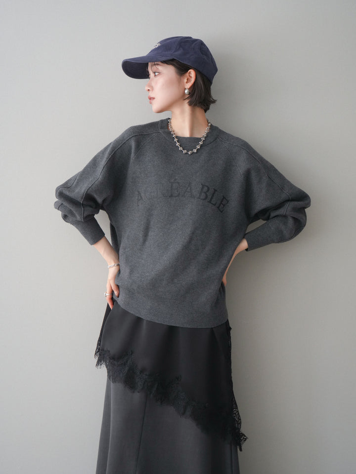 [予約]半ラバープリントロゴスウェットライクニットプルオーバー/mokucharcoal