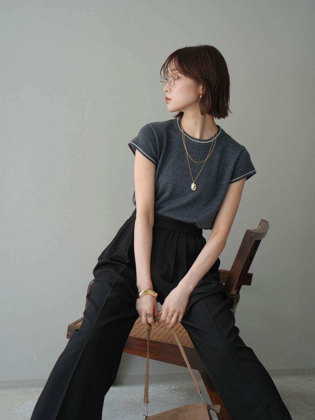 [SET]配色ハーフスリーブニットトップス+メニータックワイドパンツ(2set)