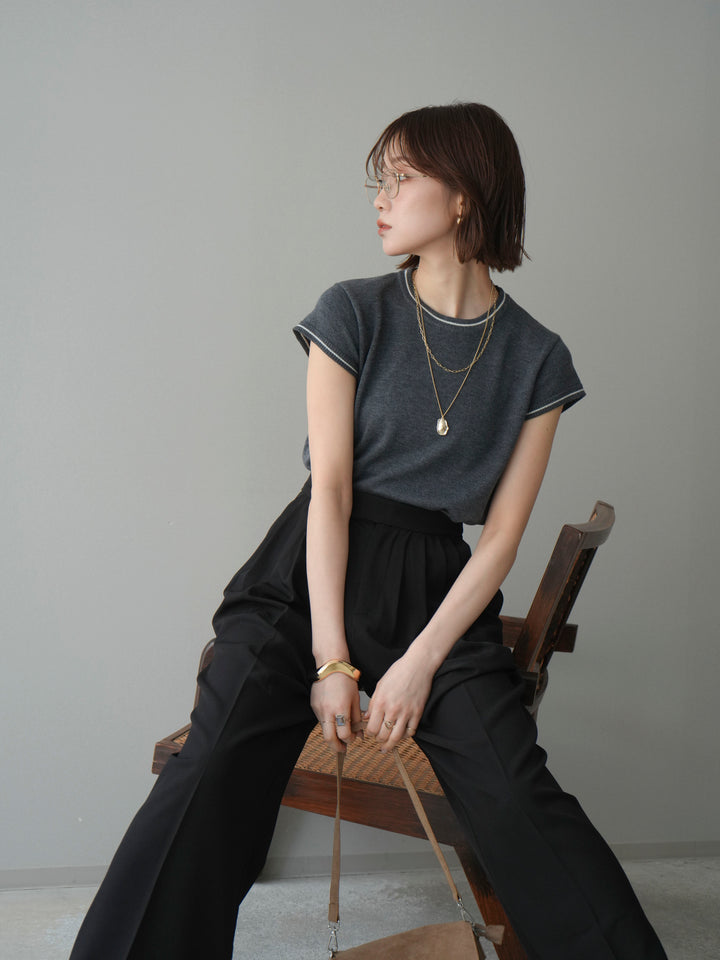 [SET]配色ハーフスリーブニットトップス+メニータックワイドパンツ(2set)