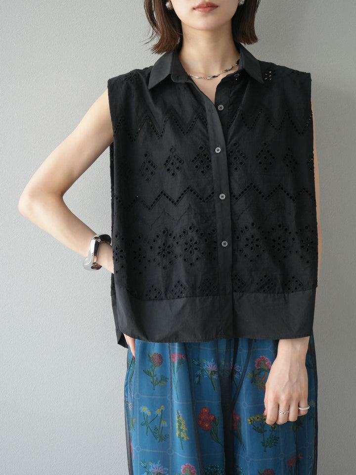 [予約]エンブロイダリーレースタックショルダーブラウス/ブラック