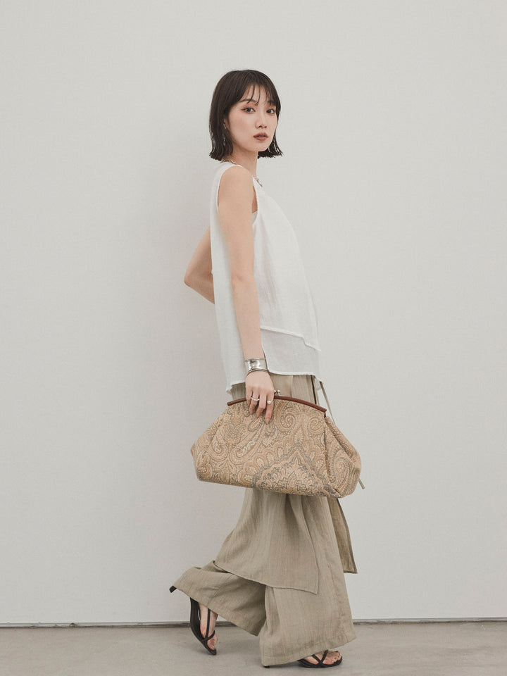 [SET]シアータックアシンメトリーブラウス+ワッシャーサテンレイヤードスカートパンツ(2set)