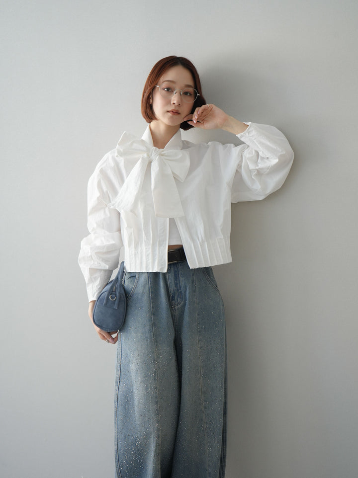 [SET]ボウタイ裾プリーツライトジャケット+フロントビジューカーブデニムパンツ(2set)