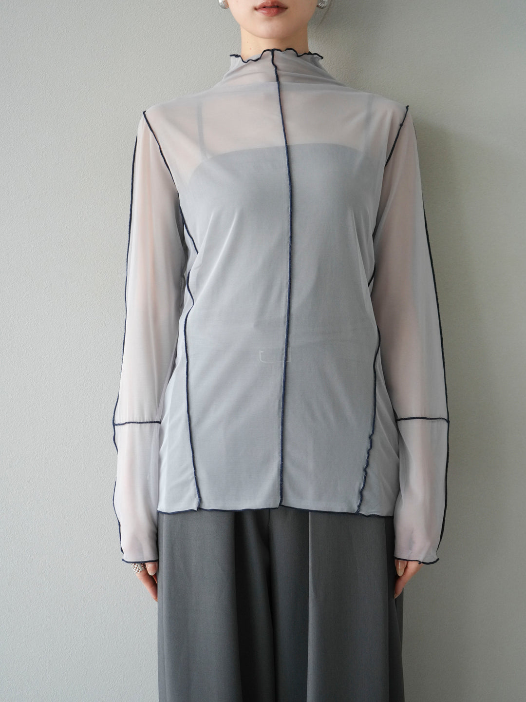 [予約]シアーパイピングカットソー/ライトグレー×ネイビー