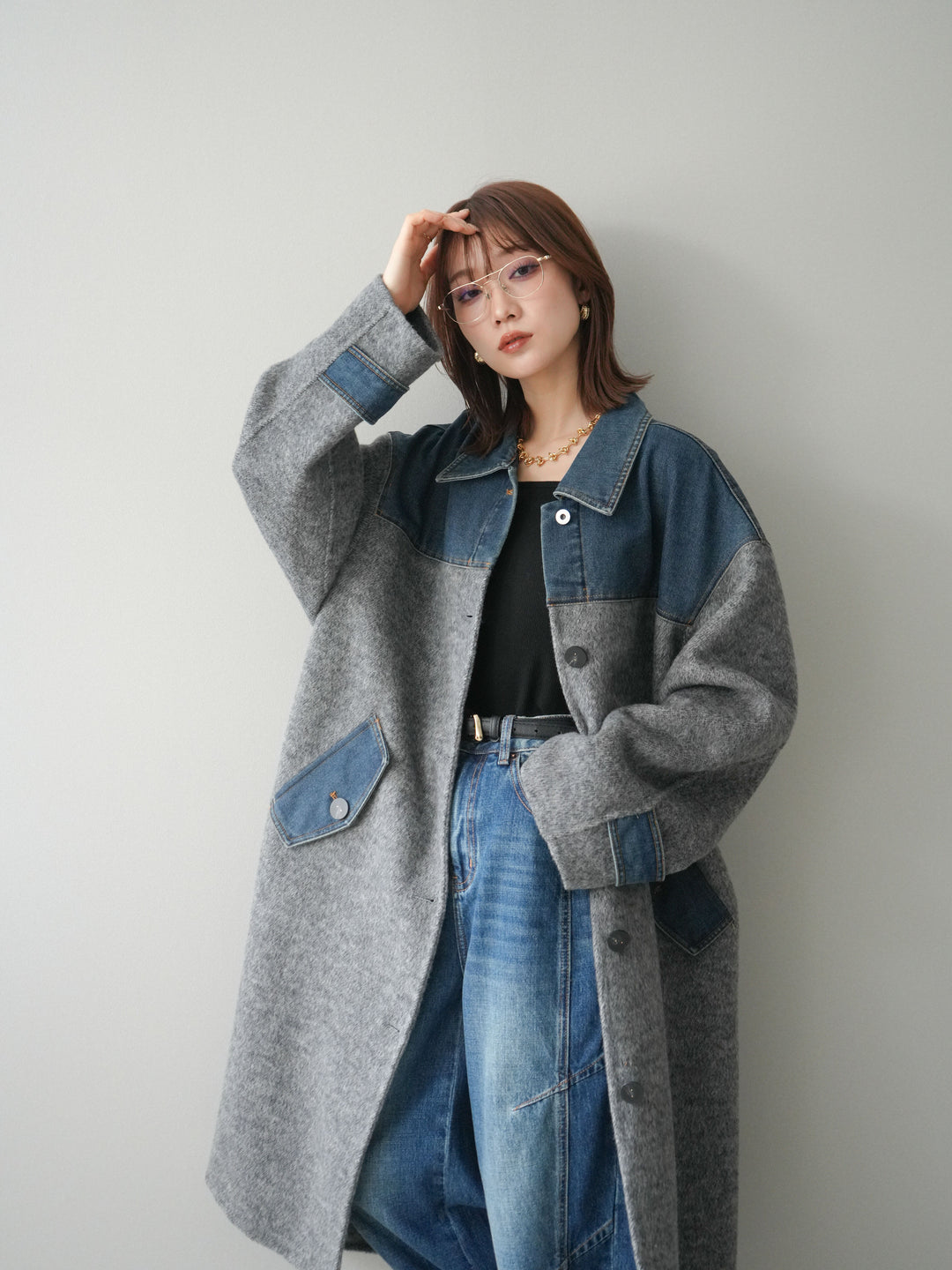 [SET]デニム切替シャギーステンカラーコート+選べるアクセセット(2set)