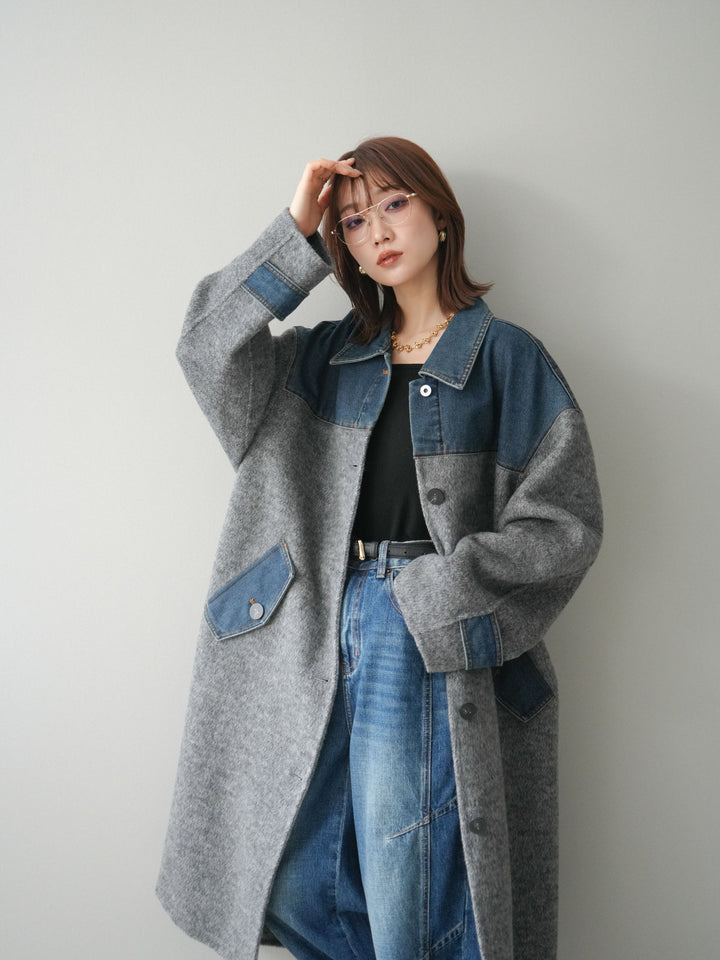[SET]デニム切替シャギーステンカラーコート+選べるアクセセット(2set)