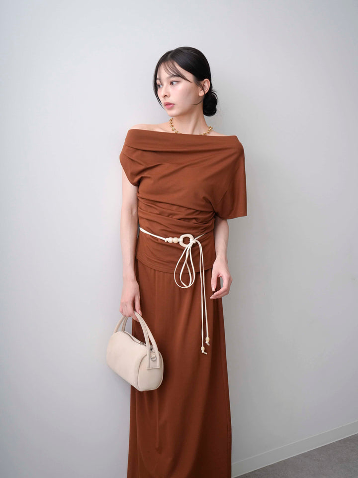 [SET]ベルト付アシメドレープカットソー＆スリットIラインスカートSET UP(2SET)