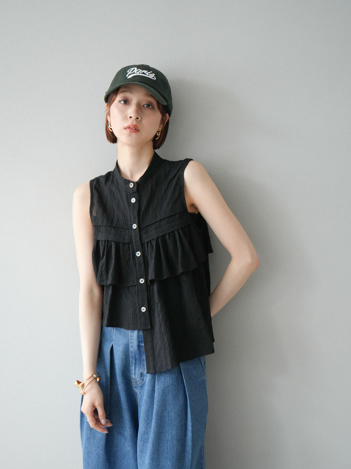 [予約]ドビーストライプアシンメトリーフリルノースリブラウス/ブラック