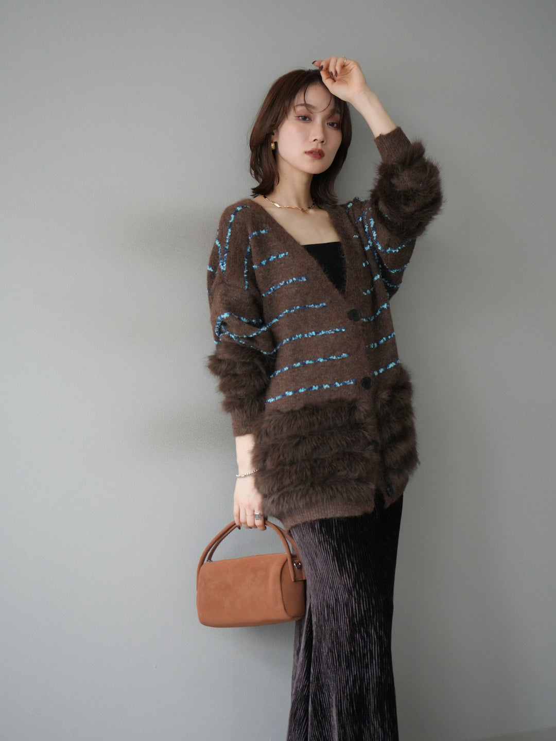 [予約]フェザーライン配色シャギーニットカーディガン/ブラウン