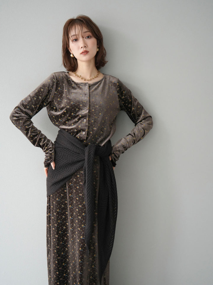 [SET]ベロアフラワープリントカーディガン+ベロアフラワープリントIラインスカート(2set)