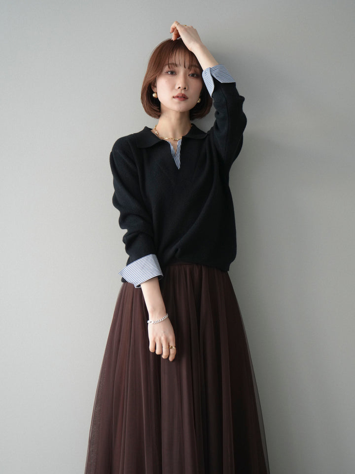 [予約]シャツレイヤードスキッパーニットプルオーバー/black