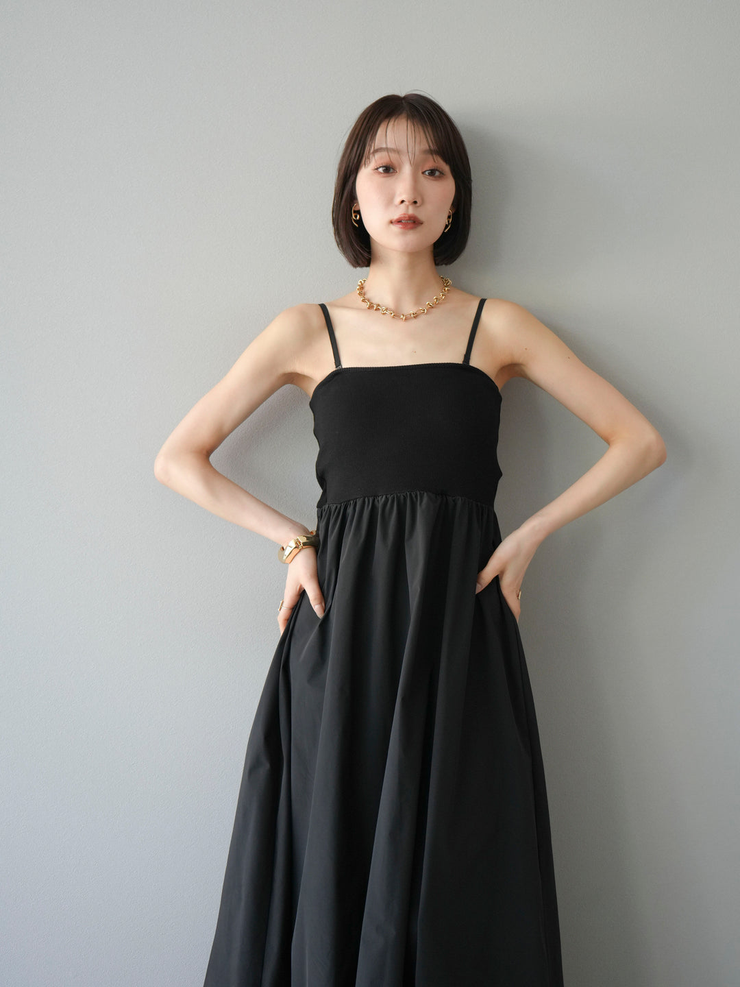 [予約]異素材ドッキングカップ付ベアキャミバルーンワンピース/ブラックブラック