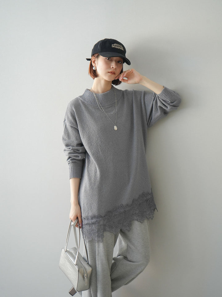 [SET]アシンメトリーレースヘムニットプルオーバー+2WAYデザインスウェットパンツ(2set)