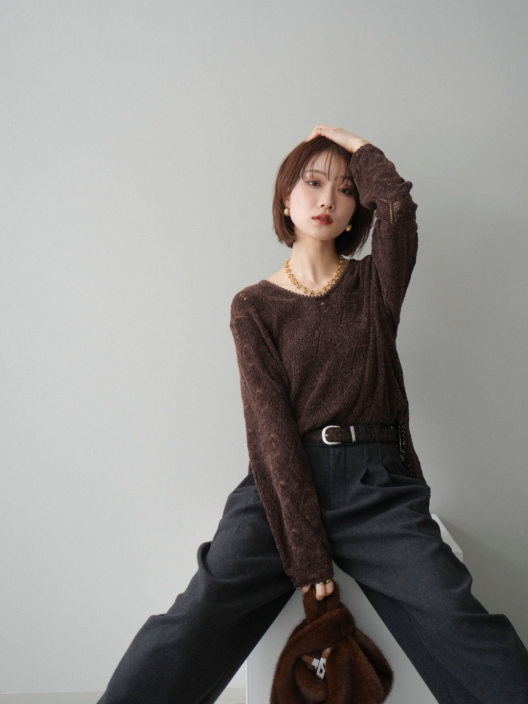 [予約]モール透かし編みニットトップス/brown