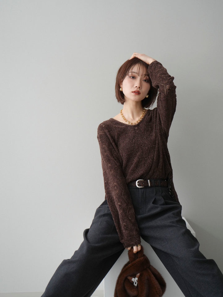 [予約]モール透かし編みニットトップス/brown