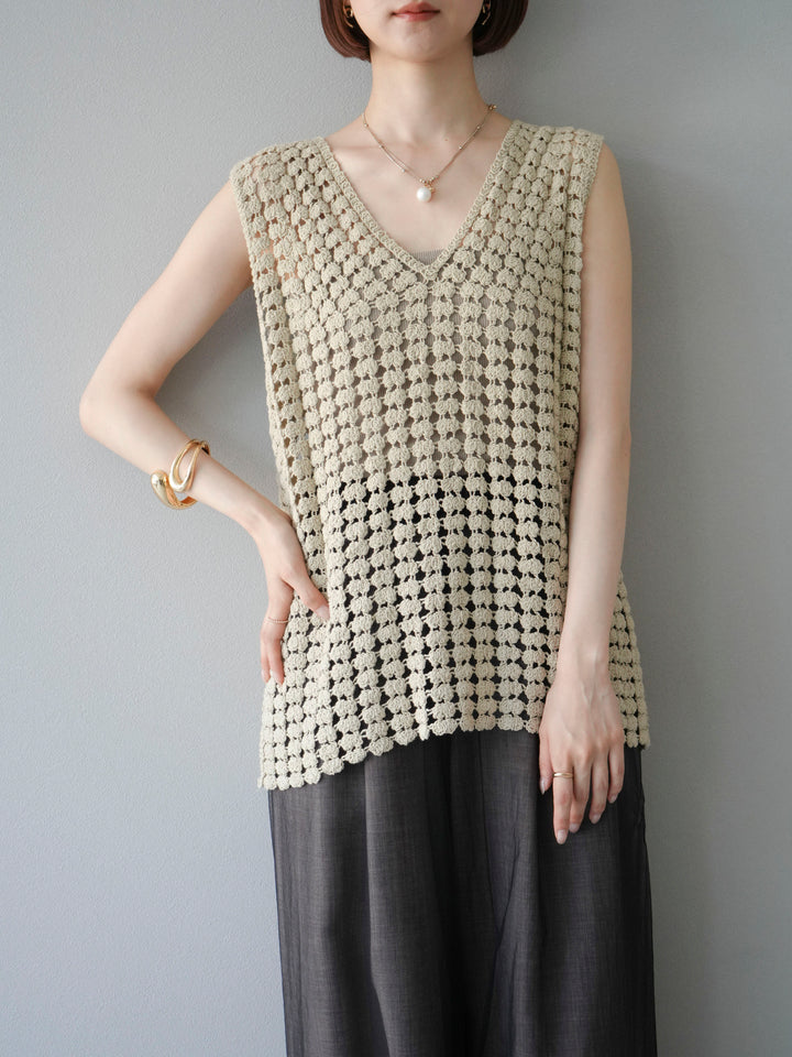 [予約]レースアップクロシェ編みニットベスト/ベージュ