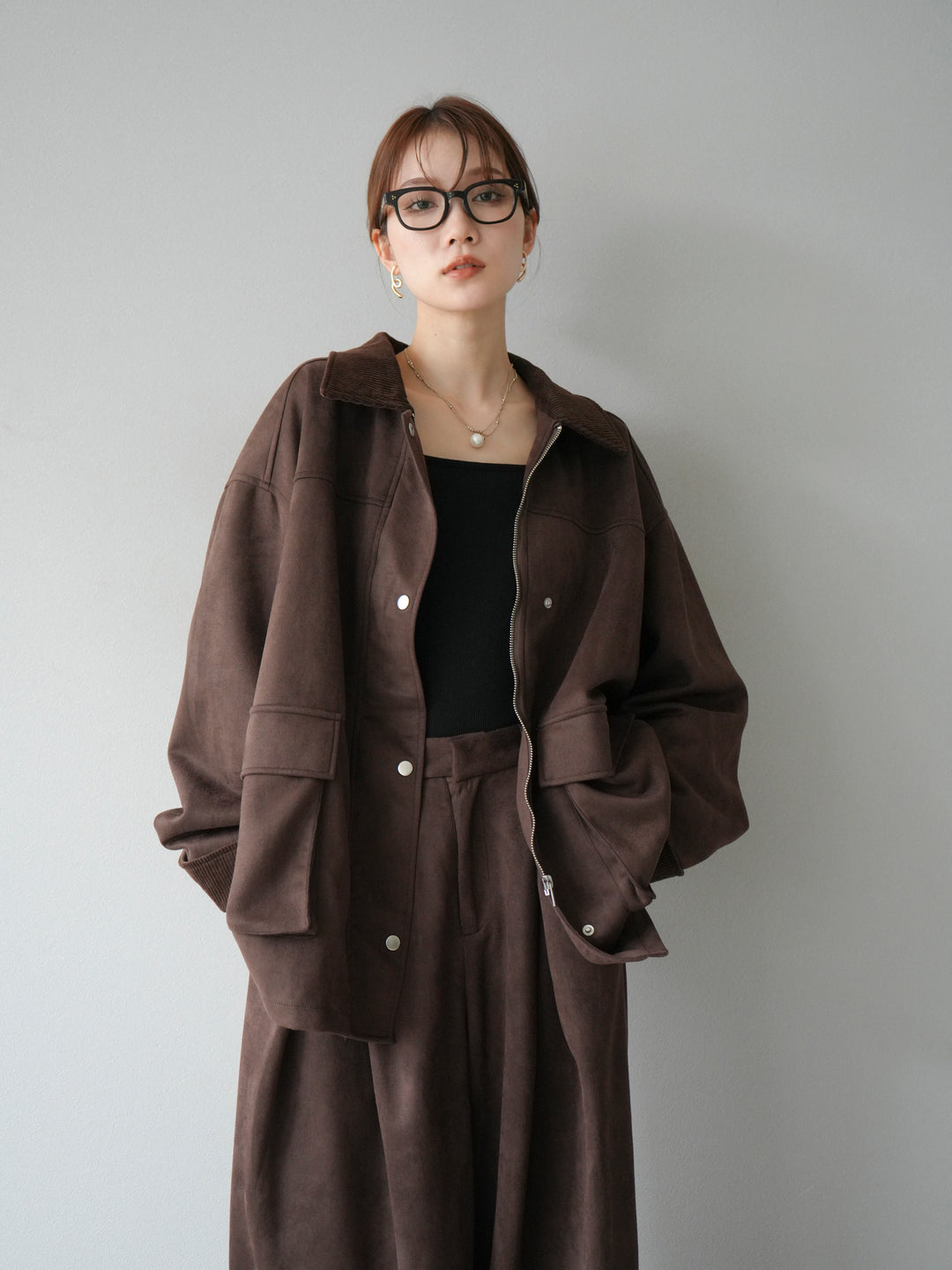 [予約]コーデュロイ襟スウェードミドルジャケット /ブラウン