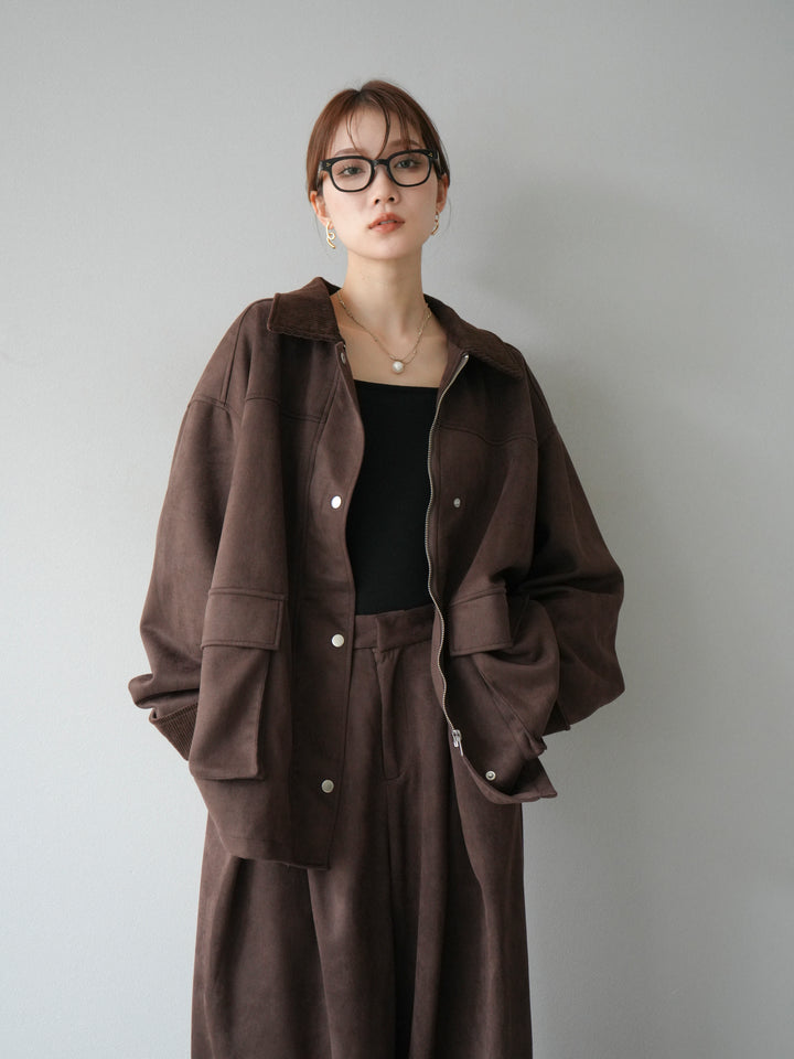 [予約]コーデュロイ襟スウェードミドルジャケット /ブラウン