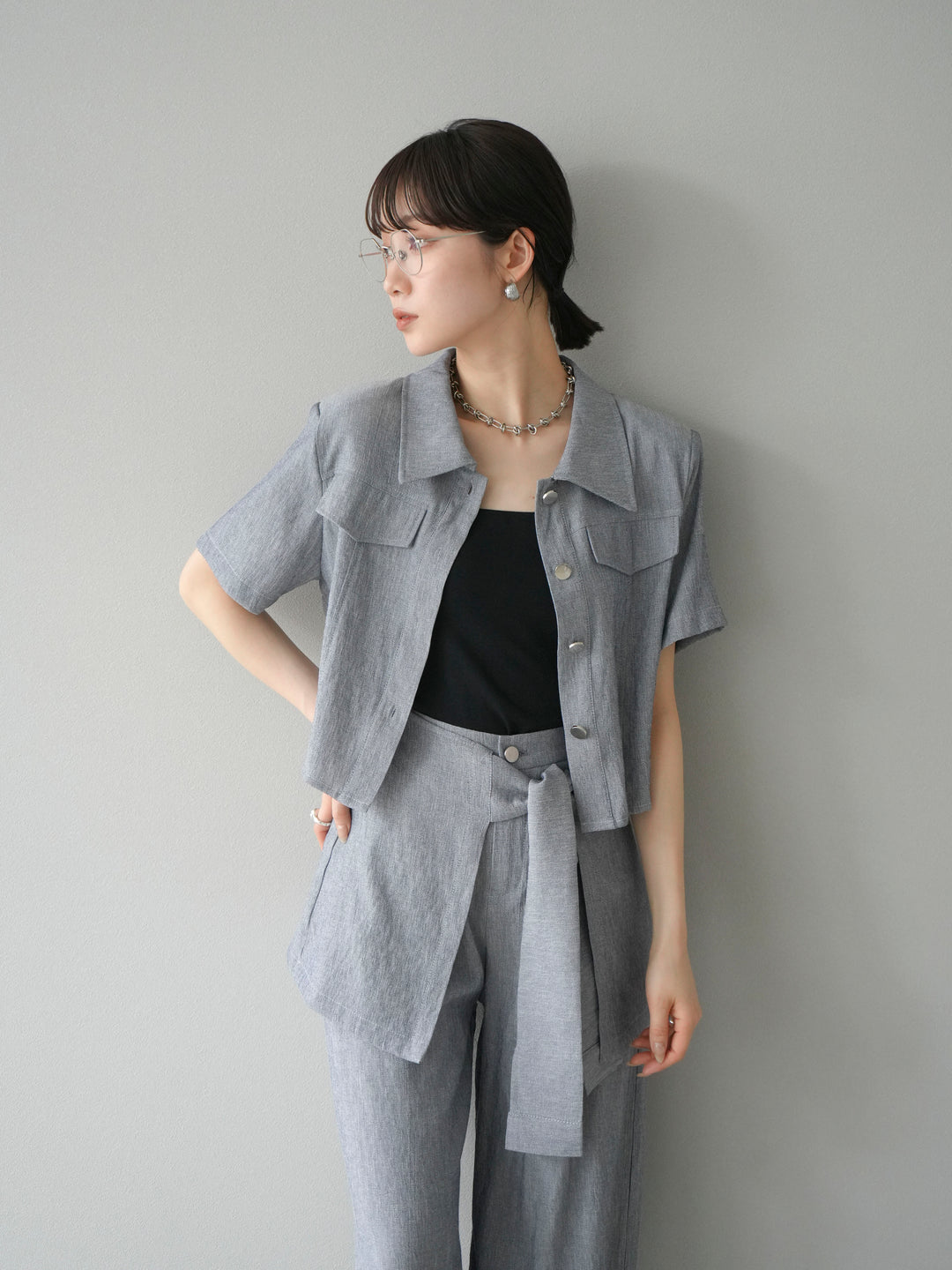 [SET]リネンタッチハーフシャツ＆ラップワイドパンツSET UP(2set)