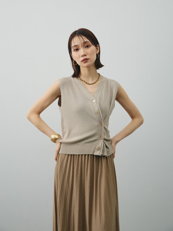 [SET] 清涼觸感2WAY設計針織背心+水鑽百褶裙（2件組）