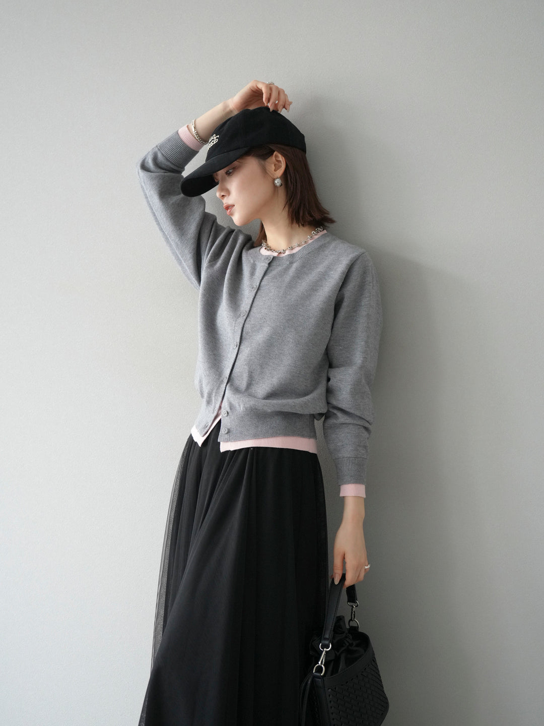 [SET]配色レイヤードカーディガン+チュールボリュームスカート(2set)