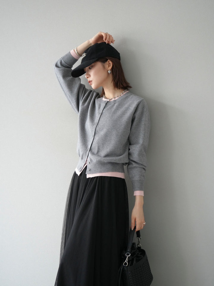 [SET]配色レイヤードカーディガン+チュールボリュームスカート(2set)