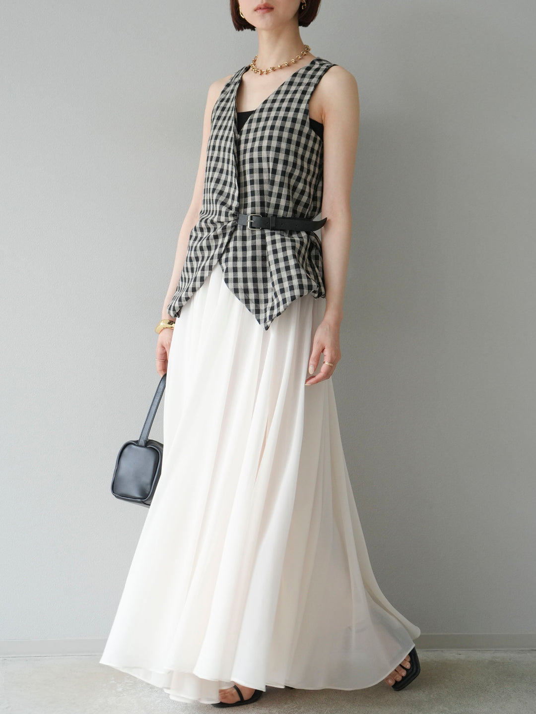 [予約]ベルトデザインバルーンブラウス/チェック