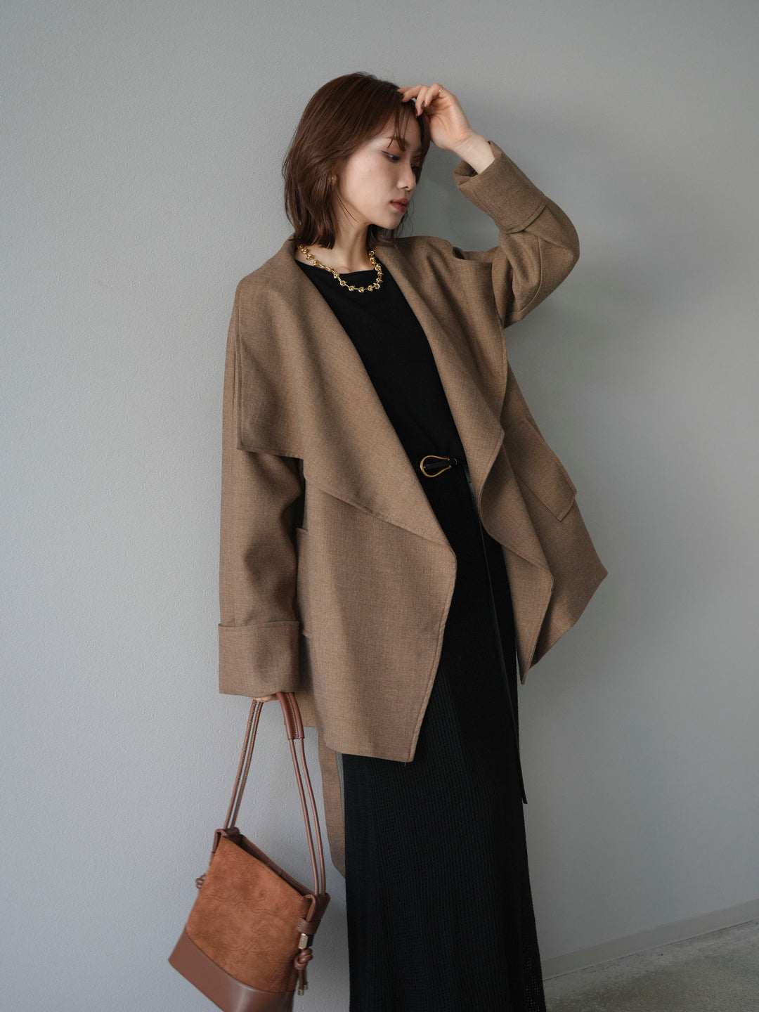 [予約]メッシュ切替ノースリーニットワンピース/black