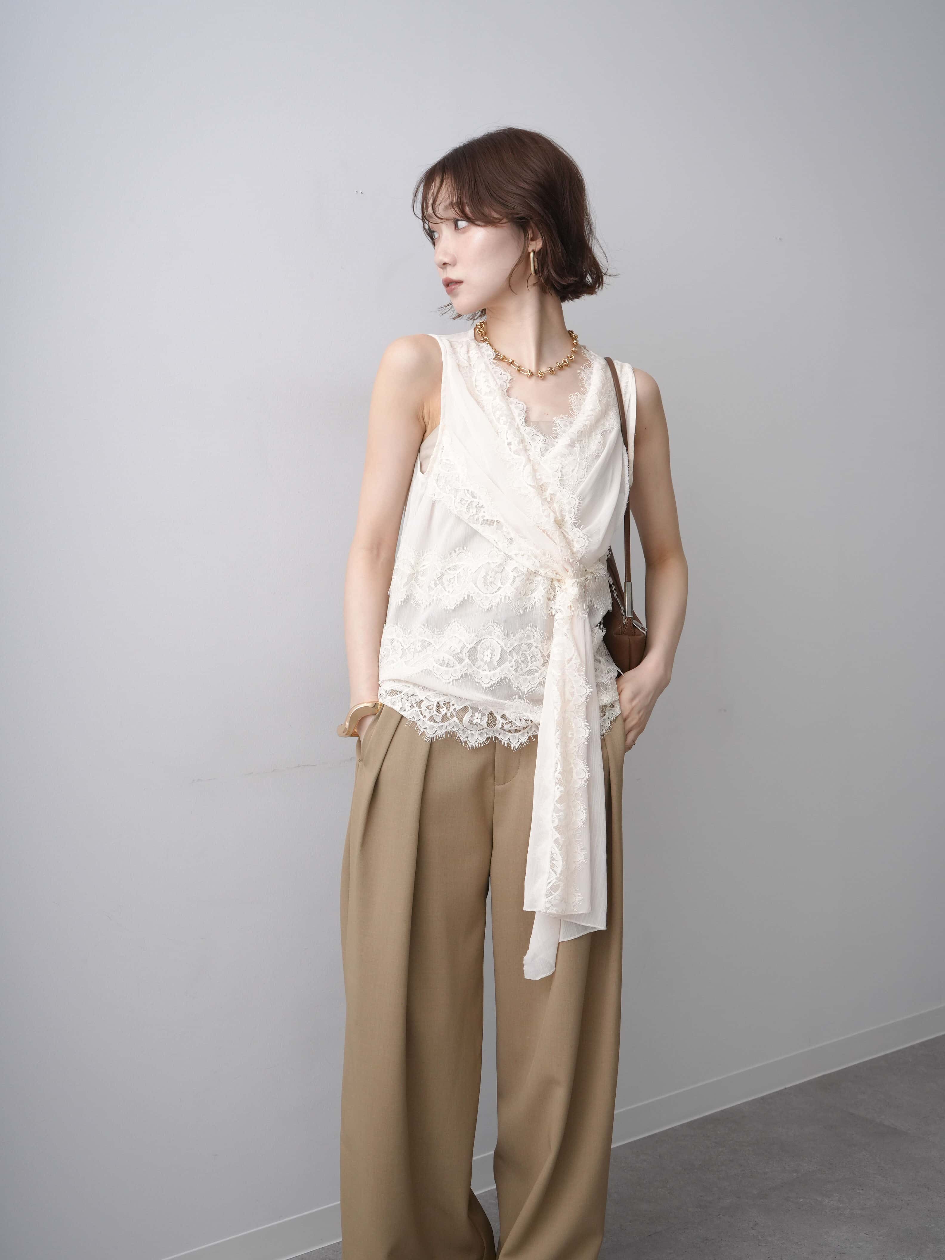 SET]シフォンレースノースリトップス+クレープデシンタックワイド