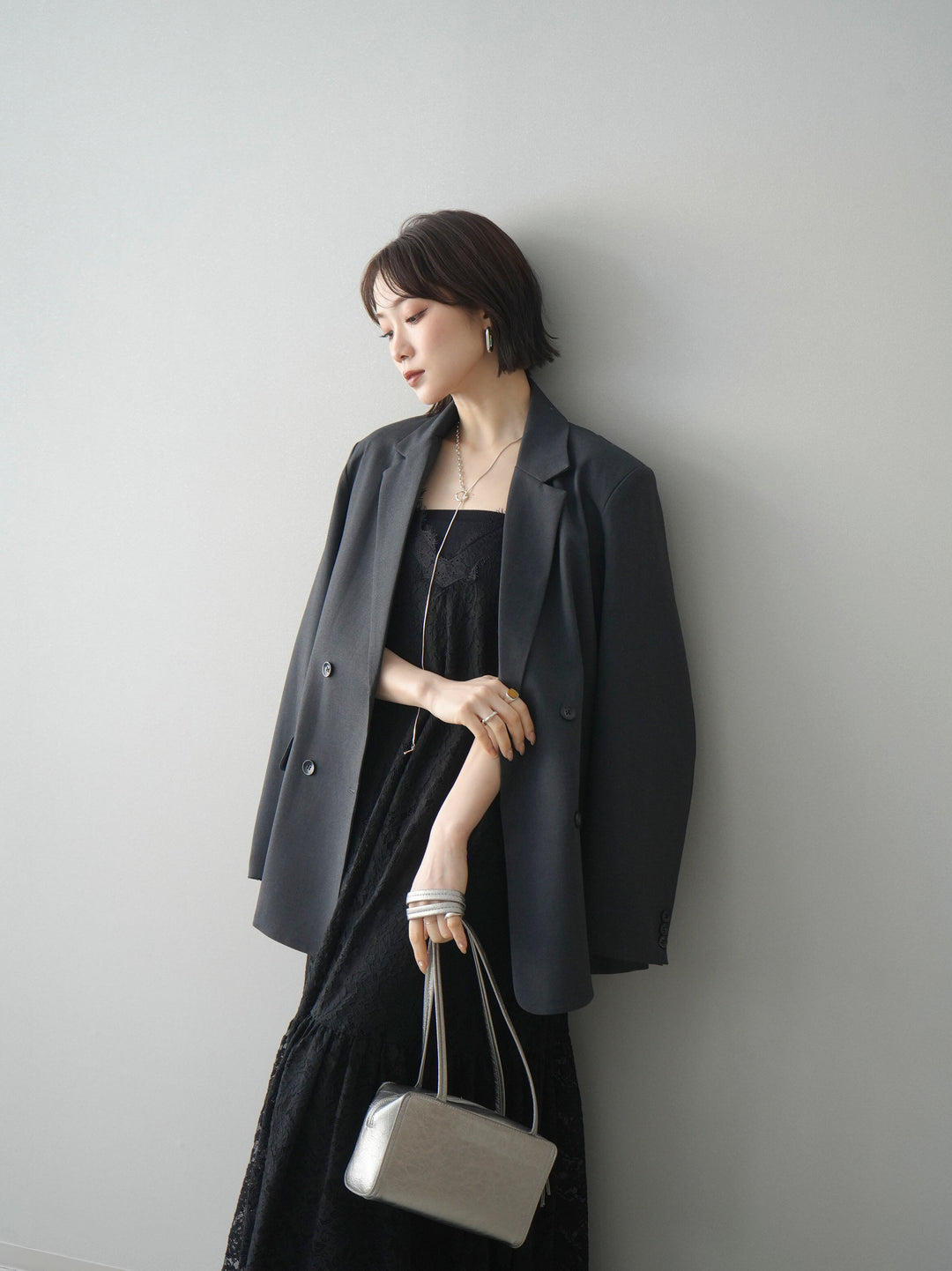 [SET]ギャザー切替レースキャミワンピース+ダブルブレストオーバージャケット(2set)