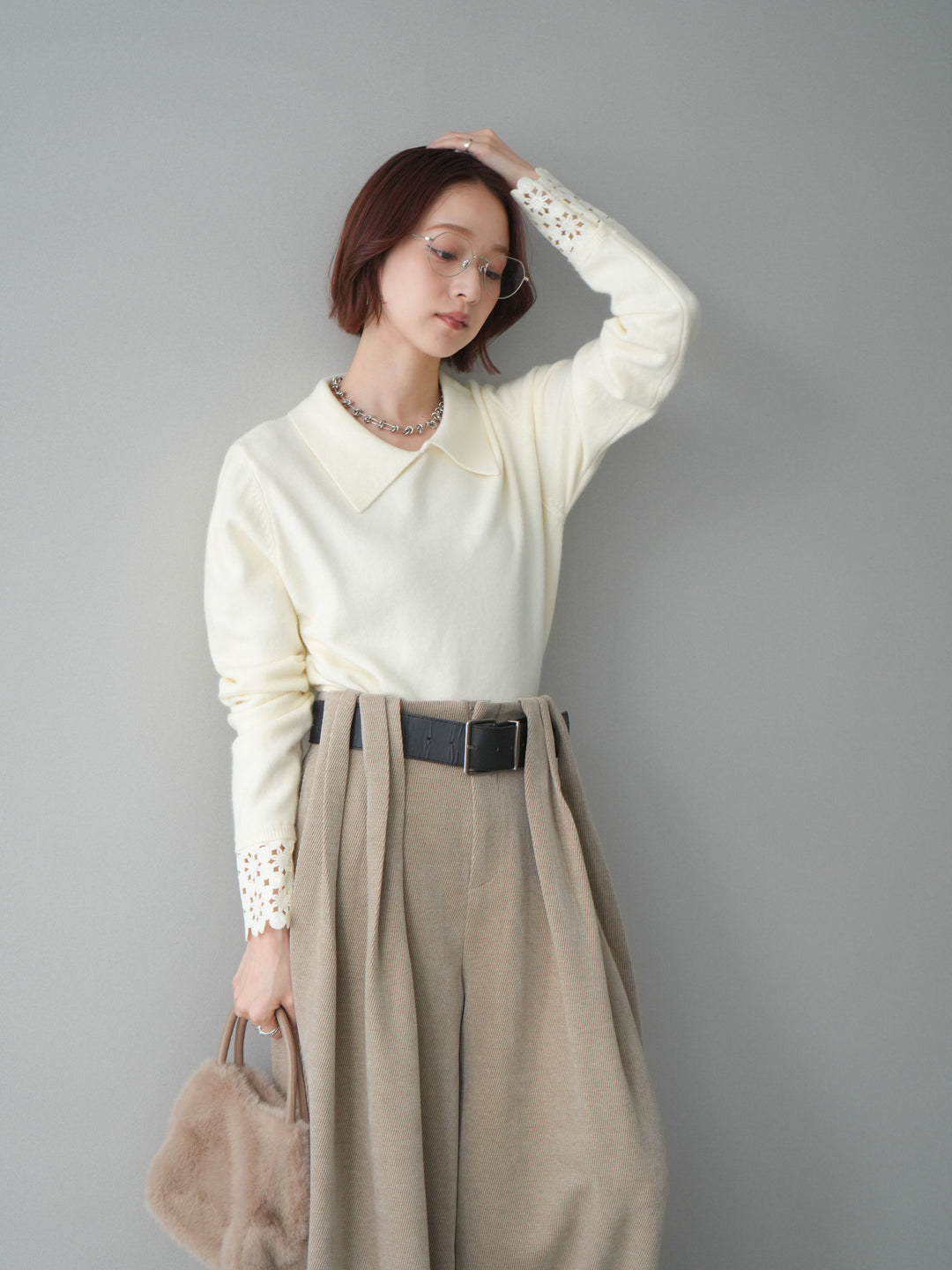 [SET]スカラップレース袖襟付きニットトップス+選べるアクセセット(2set)