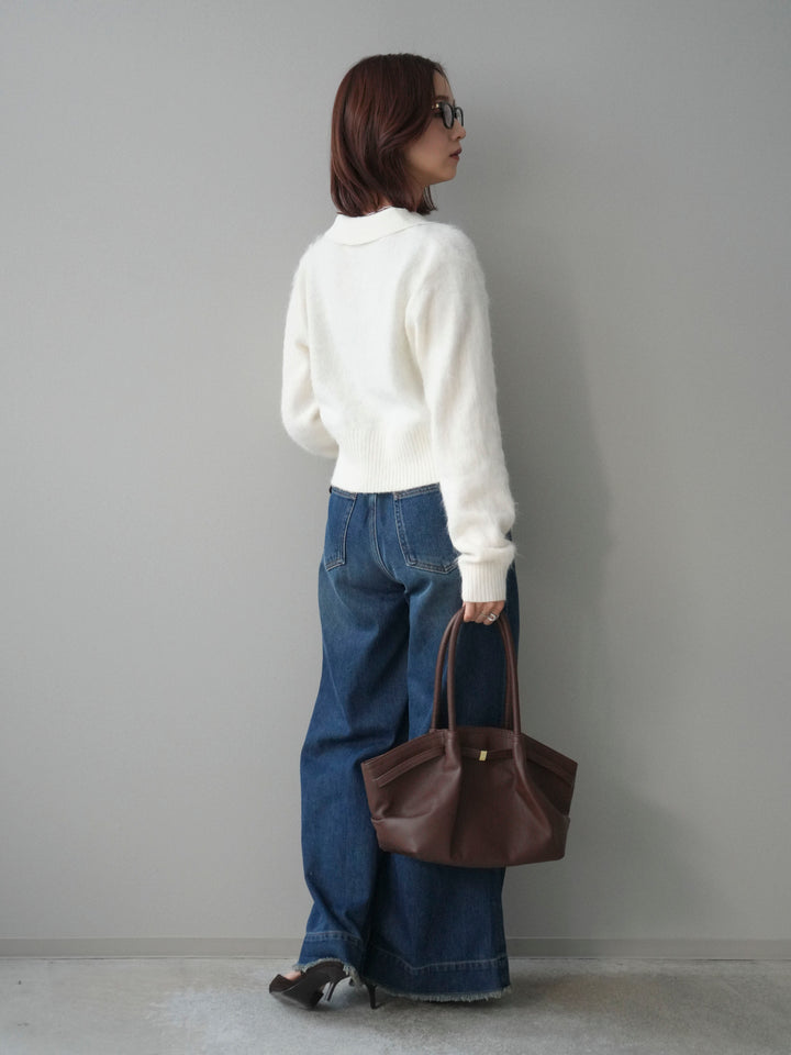 [SET]モヘア衿付きボタンプルオーバー+裏起毛裾フリンジワイドデニムパンツ(2set)