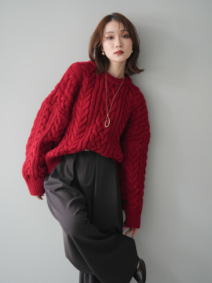 [予約]ボリュームケーブルニットプルオーバー/red
