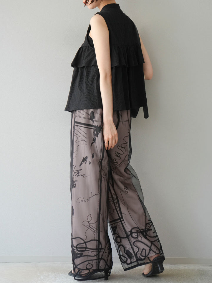[SET]コード刺繍チュールレイヤードパンツ+ペイント柄タックパンツ(2set)