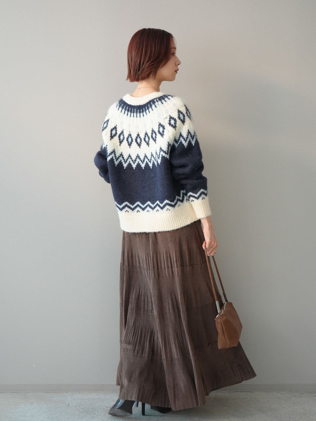 [予約]型押しスエードティアードプリーツスカート/brown