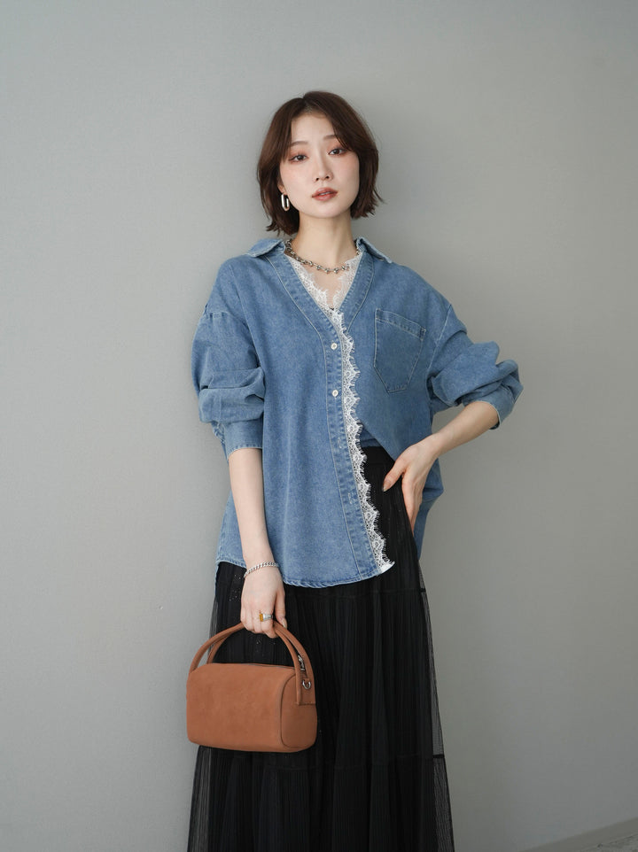 [SET]レースレイヤードデニム開襟シャツ+ラメプリーツレイヤードチュールロングスカート(2set)