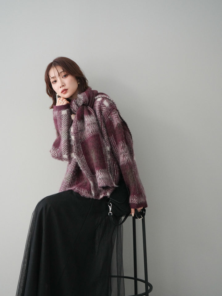 [予約]ストール付シャギーチェックニットプルオーバー/red