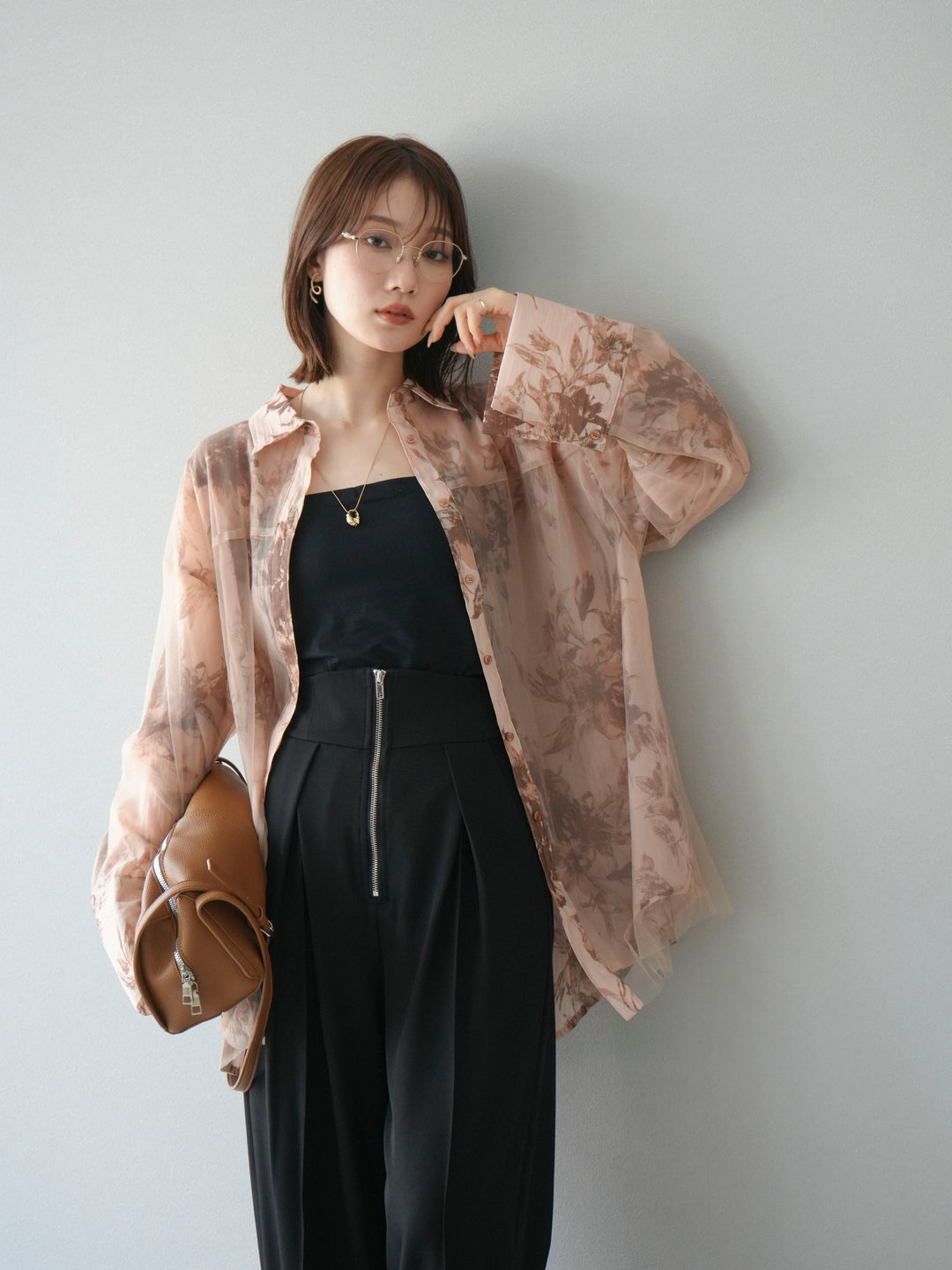 [予約]チュールドッキングフラワー柄オーバーサイズシャツ/ブラウン