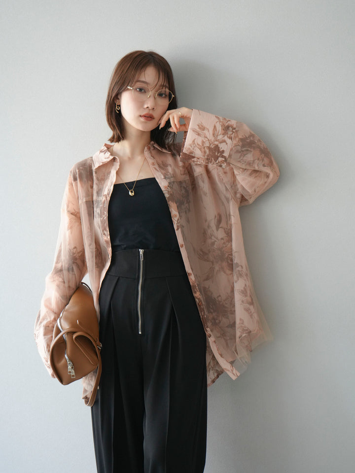 [予約]チュールドッキングフラワー柄オーバーサイズシャツ/ブラウン