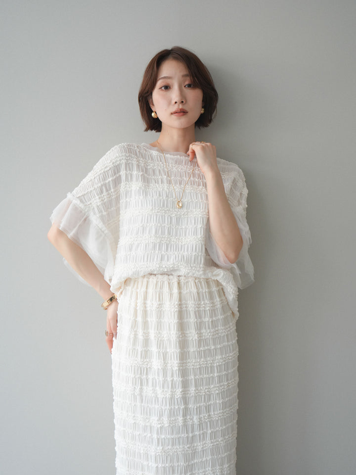 [SET]チュール袖リップルトップス+リップルIラインスカート(2set)