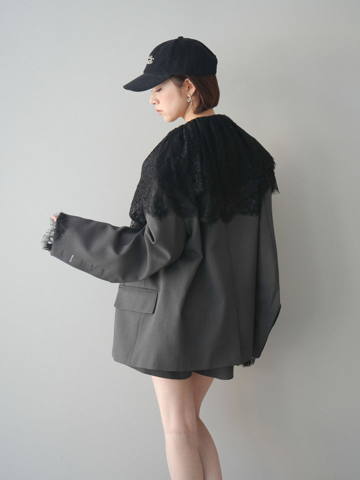 [SET]オーバージャケット＆キュロットSETUP+ビックカラーラッフルレーストップス(2set)